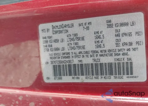 1999 Dodge Ram 2500 St from USA, damaged, VIN 3B7KF2360XG243817